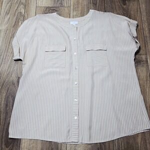 NWT J.Jill Women's 100% Rayon Button Front Tan Stripe Short Sleeve Shirt Size L